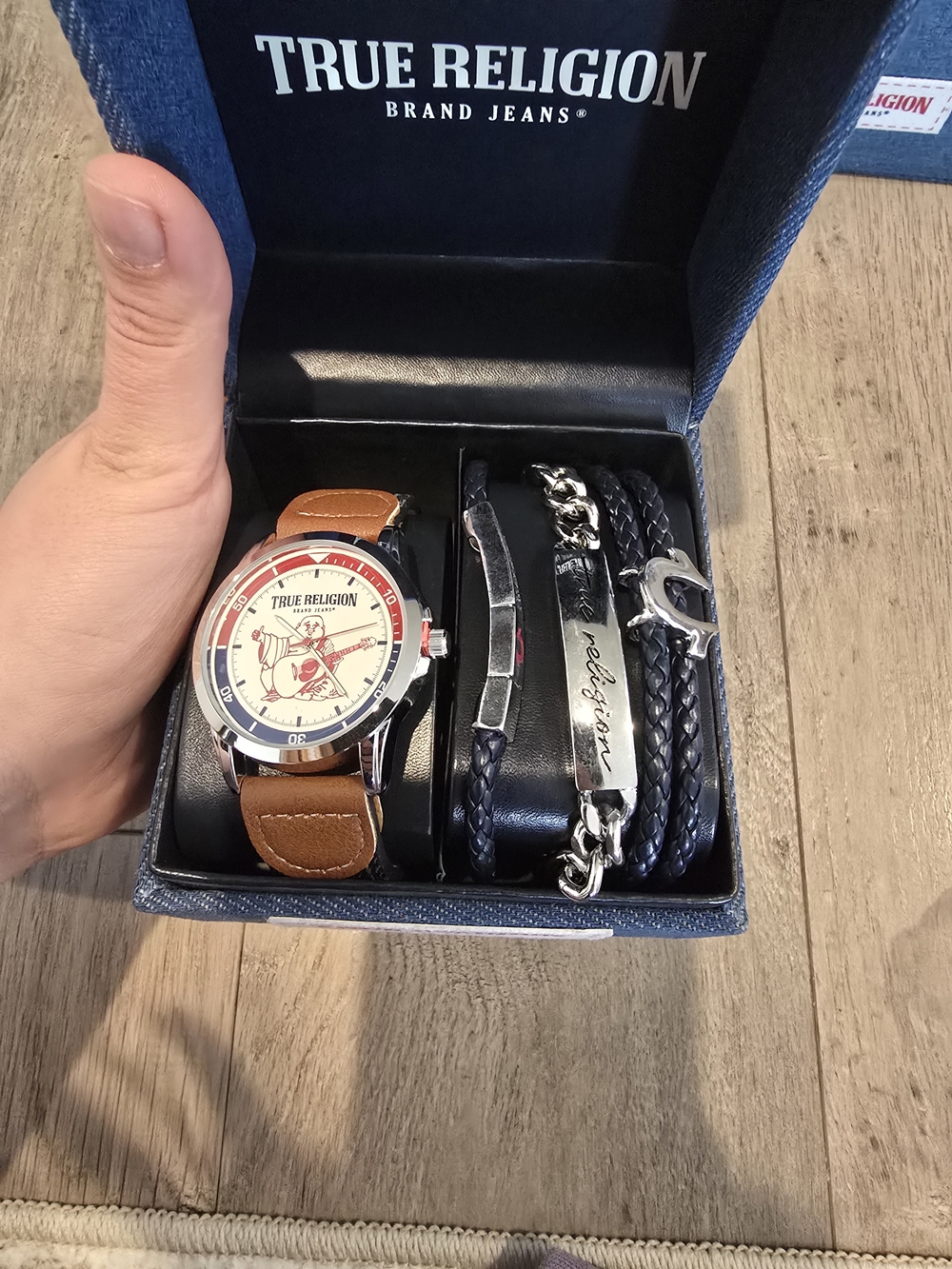 True Religion Men’s Brown Leather Strap Watch with Navy Bracelet Trio